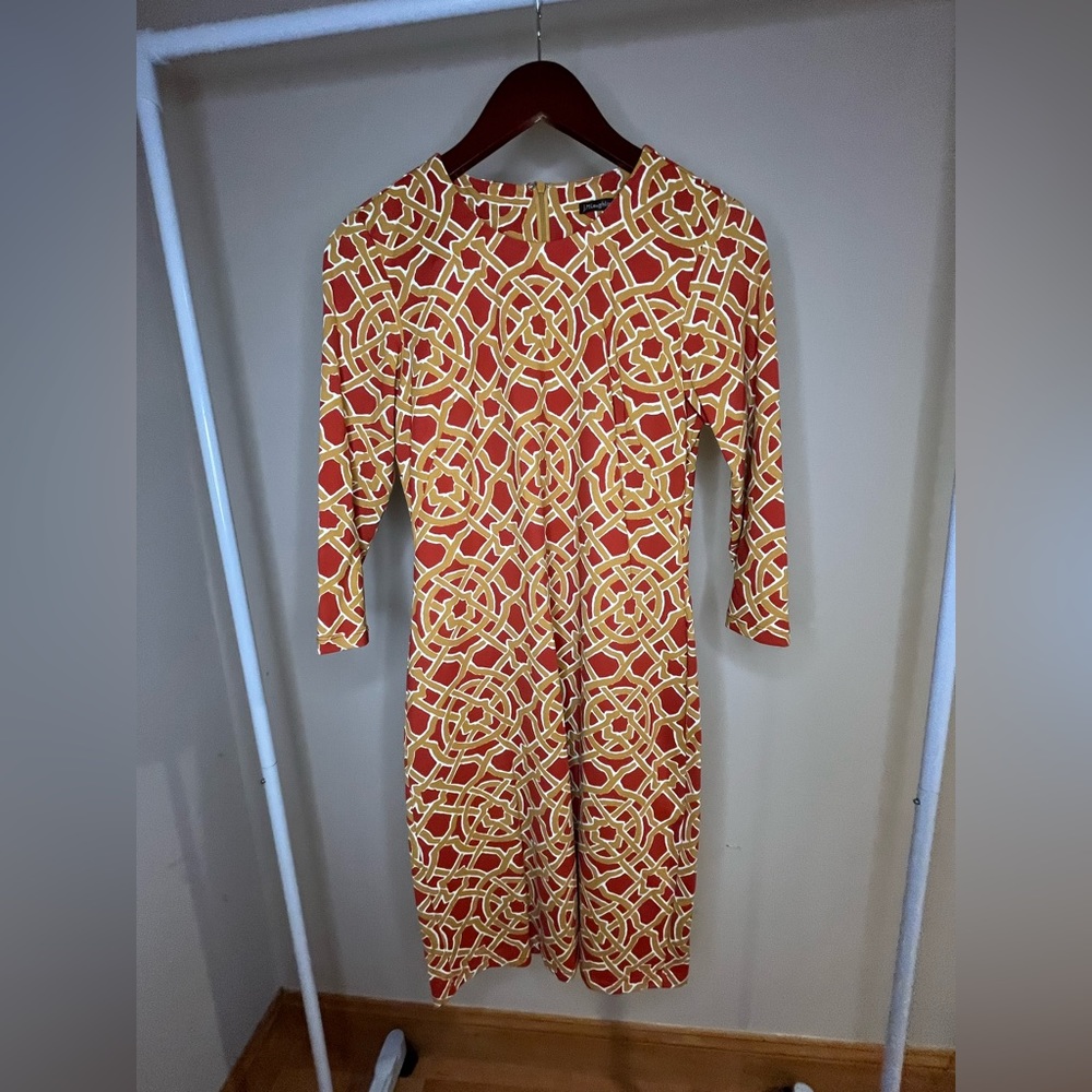 J.McLaughlin Rust and Gold Mosaic Sheath Dress